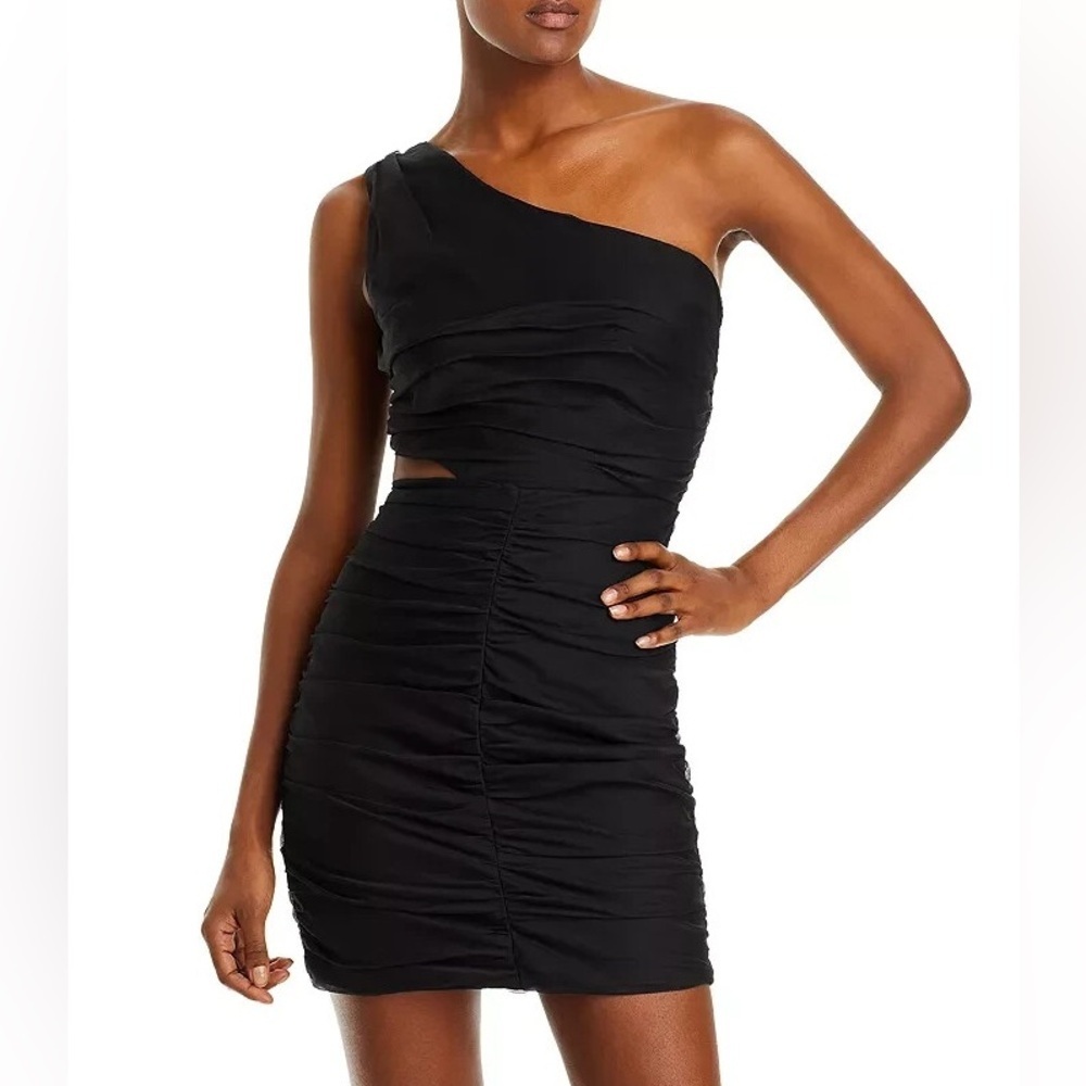 Aqua Ruched One Shoulder Cut Out Mini Dress Bodycon LBD Black Size Large